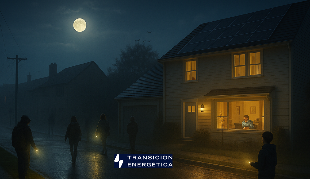 Calle suburbana de noche durante un apagón, donde una casa con energía solar muestra resiliencia energética al permanecer iluminada mientras otras están a oscuras.